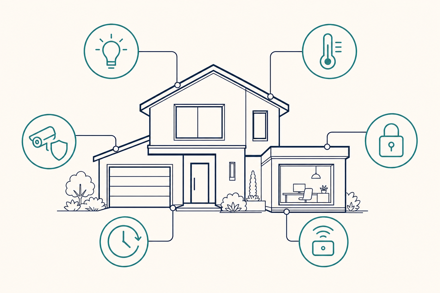 Illustration of a connected home and home office with lighting, climate, security, access, routines, and control-system callouts